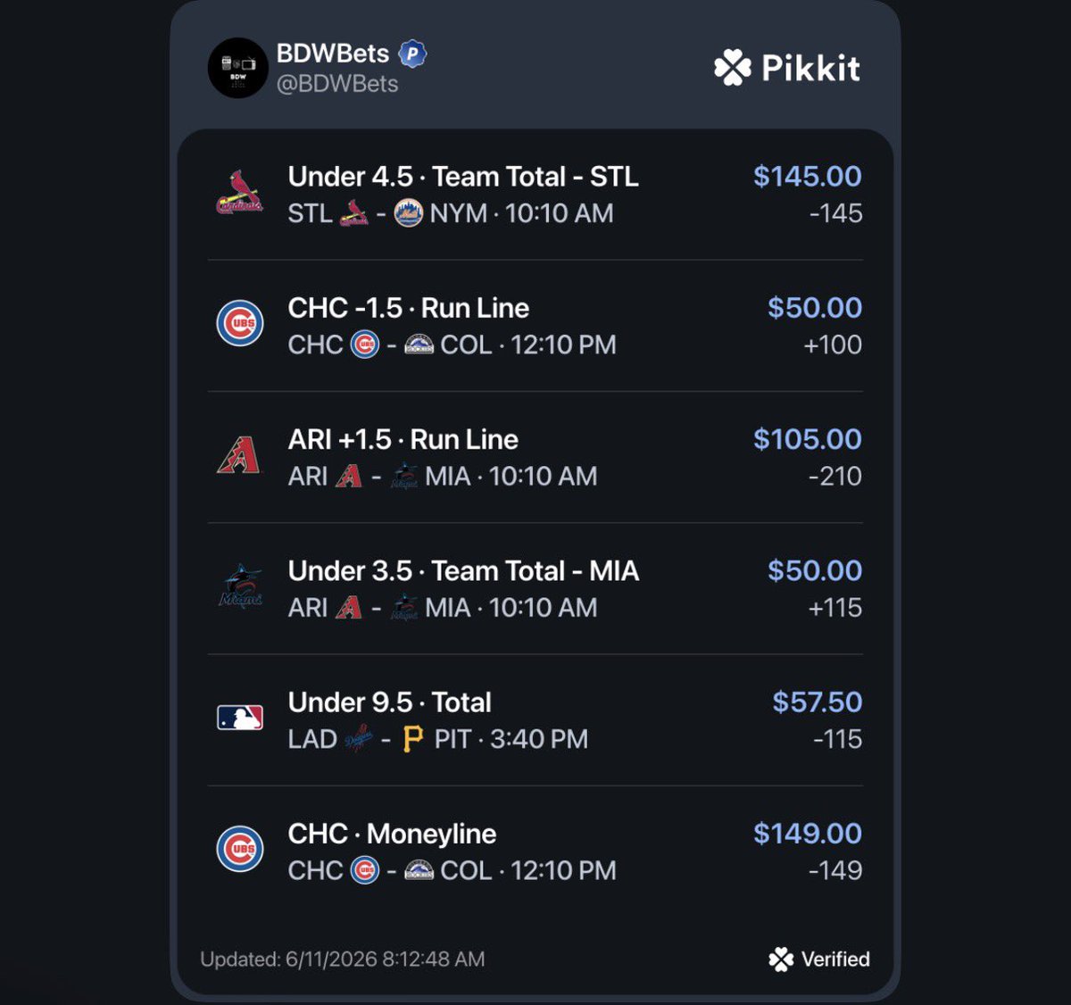 BDWBets's tweet photo. MLB Plays 06/10

Best of luck if you tail or fade 🫡 https://t.co/4v4ncP3LKf