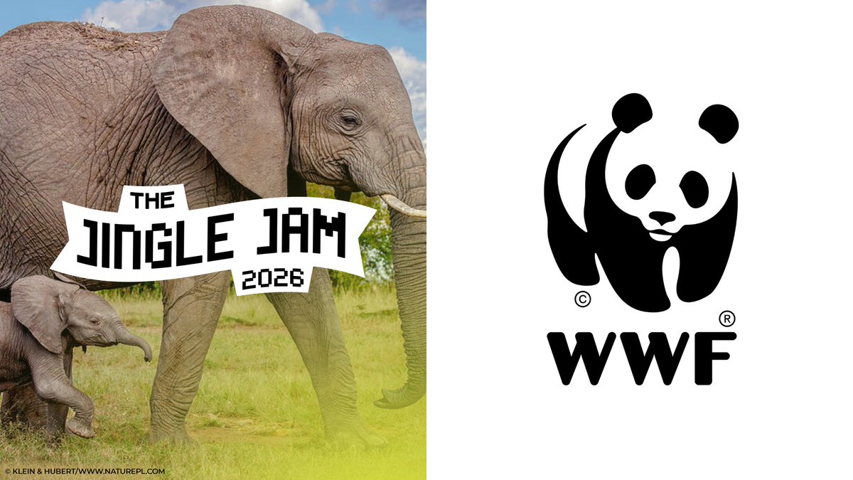 Jingle Jam 2026 charity partner graphic. Left features elephant and baby elephant walking, Klein & Hubert/www.naturepl.com copyright text, and Jingle Jam 2026 logo. Right features WWF logo.