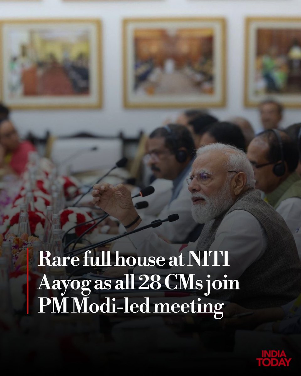 IndiaToday's tweet photo. The annual NITI Aayog meeting, chaired by Prime Minister Narendra Modi, has in recent years been marked by boycotts and absences from several chief ministers, particularly those heading opposition-ruled states. This year, however, broke that trend. Chief ministers from all 28 states attended the country's apex public policy forum on Thursday, making it one of the most widely attended editions of the council in recent past.

#NITIAayog #NarendraModi 

Read More: https://t.co/UDU4HWFv3F