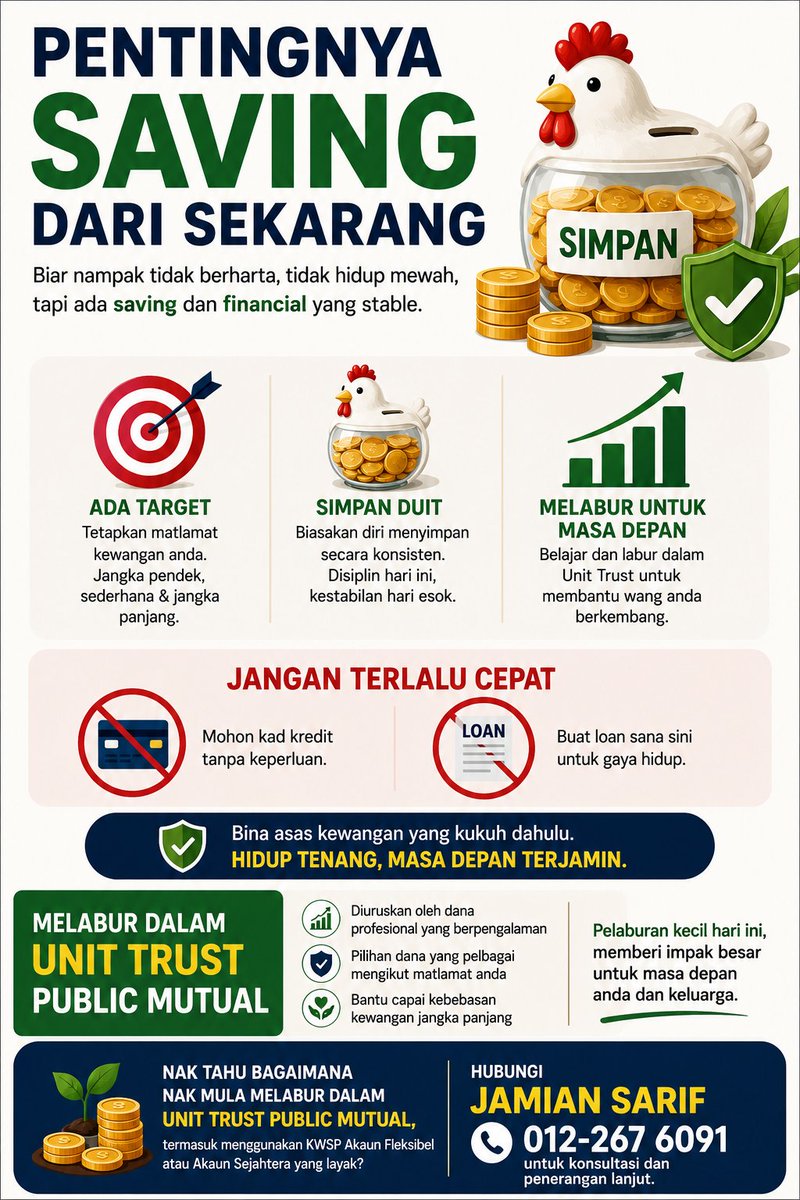 jamiansarif's tweet photo. Tak perlu nampak mewah utk jadi kaya

Yg penting ada simpanan, kewangan yg stabil &amp; matlamat yg jelas. Simpan duit secara konsisten, elakkan hutang yg tidak perlu &amp; mula belajar melabur utk masa depan

📈 Nak mula melabur di Unit Trust Public Mutual?

Jamian Sarif
012-267 6091 https://t.co/nxXib2ylN3