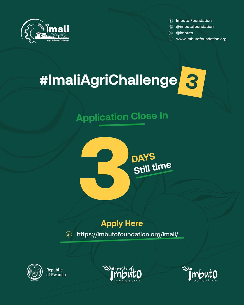 Imbuto's tweet photo. 🚨 Only 3 days left to apply for the #ImaliAgriChallenge!

Are you a young innovator with a solution that can transform agriculture? This is your opportunity to showcase your idea, gain support, and take your innovation to the next level.

The application deadline is  14 June 2026! Don't wait until the last minute.

Submit your application today via: https://t.co/EKTtmhomlz

#ImaliAgriChallenge