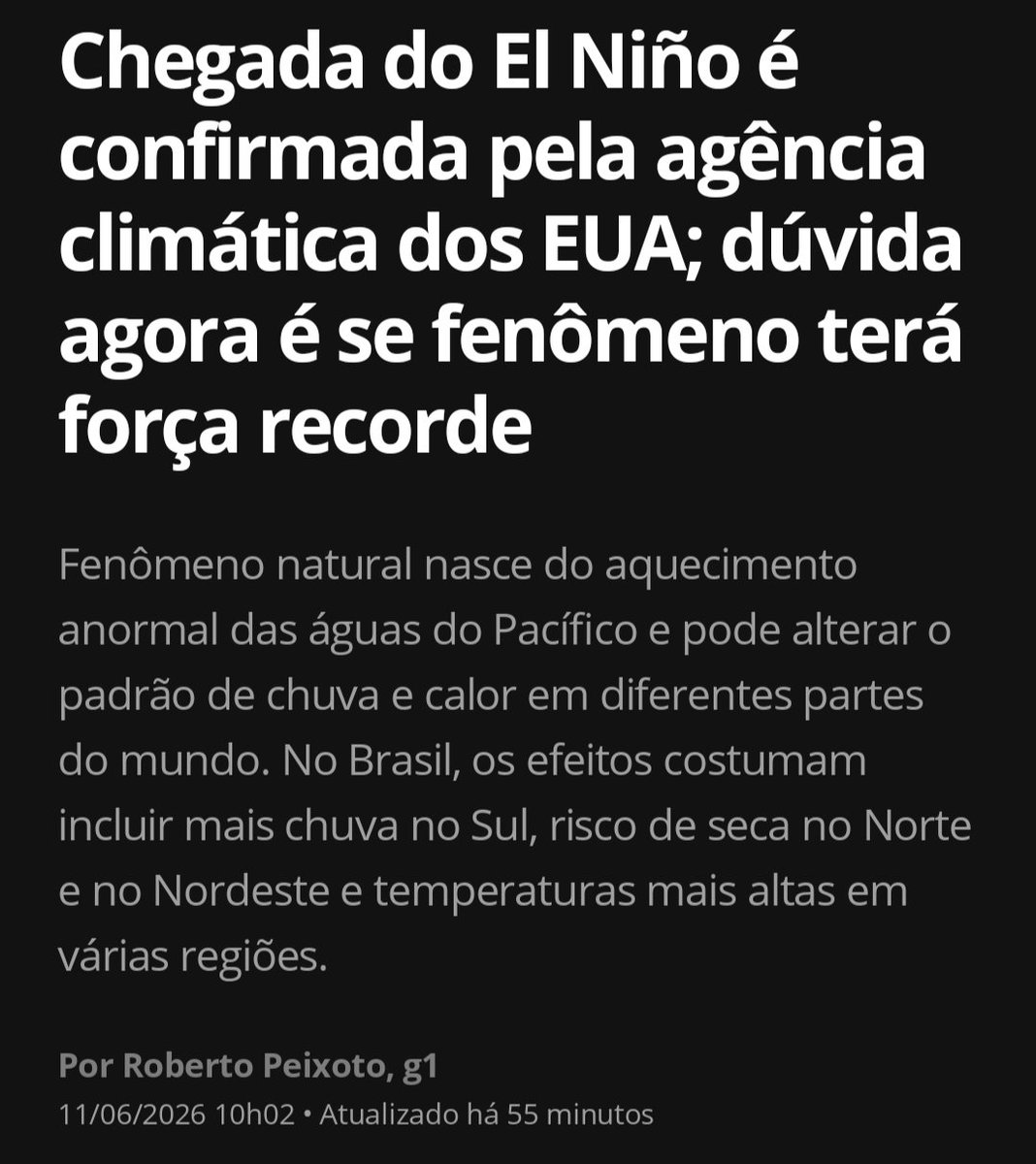 7aRepublica's tweet photo. Agora é oficial: habemus El Niño.

A única dúvida é se realmente será tão forte como se espera. De qualquer forma, é preciso se atentar ao potencial inflacionário desse fenômeno, especialmente nos alimentos. https://t.co/axkrfn0Dlr