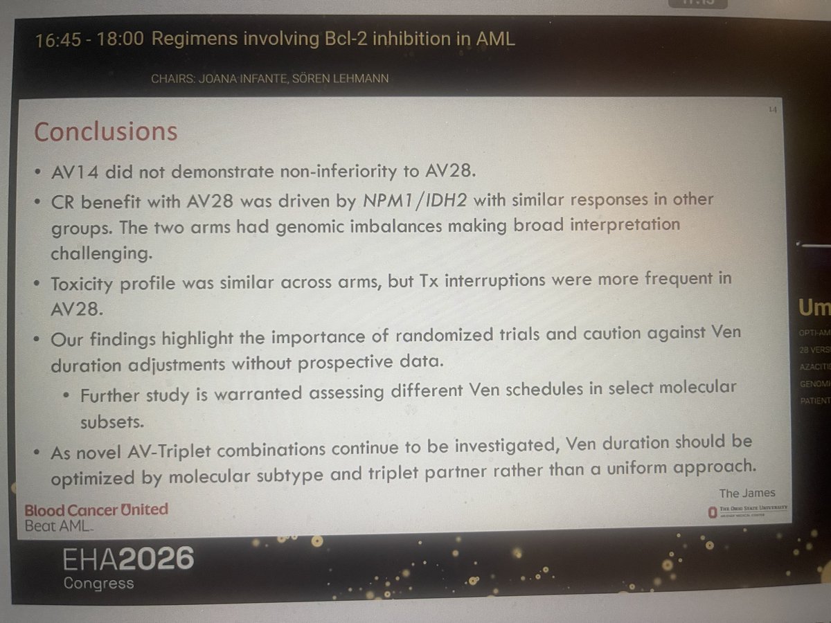 AlkaliDr's tweet photo. Very important randomized study of AV 28 vs 14 days in #AML. A very important study with more questions raised. 👏 #eha2026 #BCU https://t.co/UtdXm5JSF6