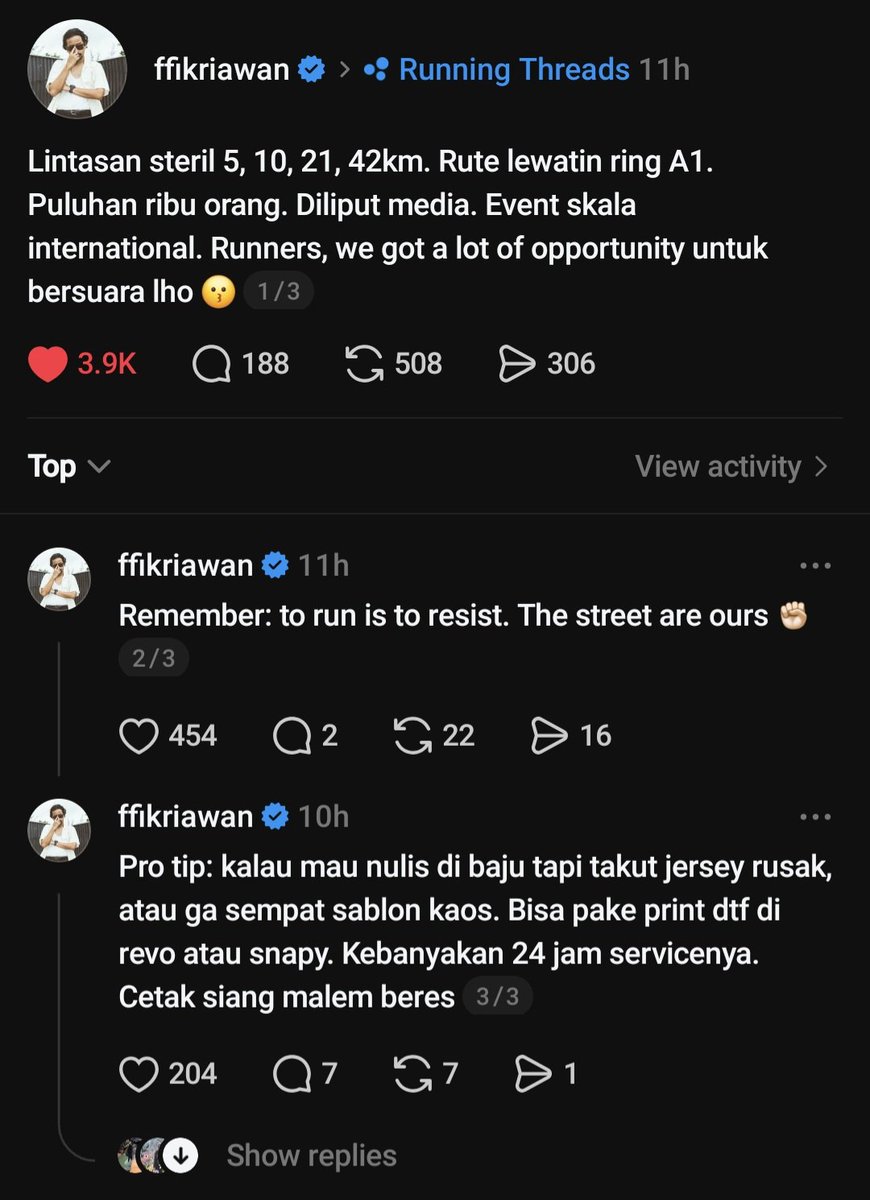 SeekHustle's tweet photo. Remember: to run is to resist. The street are ours ✊🏻

Itu adalah pesan dari Awan, gitaris .feast agar besok runner di Jakim ikut menyuarakan keresahan mereka tentang carut marutnya pemerintahan. Bisa melalui tulisan2, cetak kaos atau apapun itu yg berpotensi tercapture kamera dan media.

FYI, besok tgl 13-14 juni akan diadakan Jakarta International Marathon. Ini adalah salah satu event lari internasional terbesar di Indonesia. Area larinya mulai dari monas sampai stadion GBK. Melalui banyak titik vital dan akan diliput media2 lokal maupun internasional.

Runners, it's time to show the world how done we are with this government. Show us you are part of the resistance and the outcry.

Adakah yg ikut BTN Jakim capt? Kalian mau pake baju apa buat ikut bersuara?? Kalau butuh pacer atau fotografer kabarin aja 🤙🏻