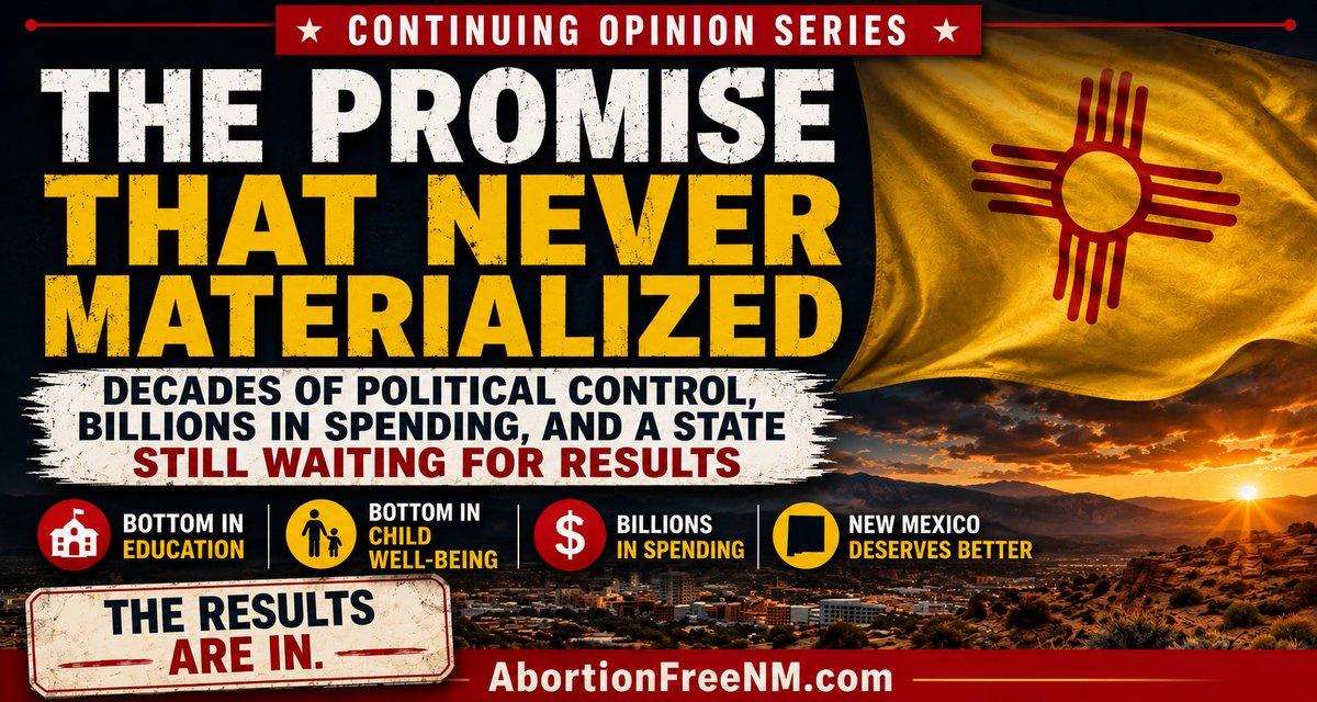 AbortionFreeNM's tweet photo. 📊 AFTER DECADES OF POLITICAL CONTROL, NEW MEXICO IS STILL WAITING FOR RESULTS

@GovMLG recently acknowledged that New Mexico ranks 49th in the nation for child well-being, stating, “The work isn’t finished.”

She’s right.

After decades of one-party control, billions in government spending, and repeated promises, New Mexico continues to rank near the bottom in child well-being, education, economic opportunity, workforce participation, and public safety.

At the same time, New Mexico has become one of the most permissive abortion states in America.

The 2026 primary also revealed something many New Mexicans overlook:

🔹 574,000 registered Democrats
🔹 444,000 registered Republicans
🔹 Only 30% of Democrats voted
🔹 Only 21% of Republicans voted

As @ShaverBud writes:

“New Mexico is not being governed by a majority of its citizens. It is being shaped by a motivated minority that consistently shows up to vote. If people of faith and conviction participate, the future can change.”

A motivated minority will continue to shape New Mexico until a silent majority decides to participate.

Read the article: After Decades of Political Control, New Mexico Is Still Waiting for Results https://t.co/vdBmyJ4a4K

This is Part 4 of an ongoing opinion series examining faith, public engagement, political leadership, moral responsibility, and the policies that have shaped New Mexico for decades.