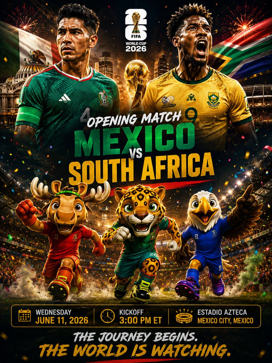 mascots2026's tweet photo. 🔥 IT’S HERE. 🔥

The wait is over.

The road to football immortality begins TODAY as Mexico 🇲🇽 and South Africa 🇿🇦 kick off the 2026 FIFA World Cup.

48 nations.
104 matches.
One trophy.
Countless moments that will live forever.

Maple 🫎
Zayu 🐆
Clutch 🦅

Are ready.

The stadiums will roar.
The world will watch.
Legends will be made.

⚽ Kickoff: 3:00 PM ET
🏟️ Estadio Azteca
🌎 The biggest sporting event on Earth begins now.

#WorldCup2026 #FIFAWorldCup #MexicoVsSouthAfrica