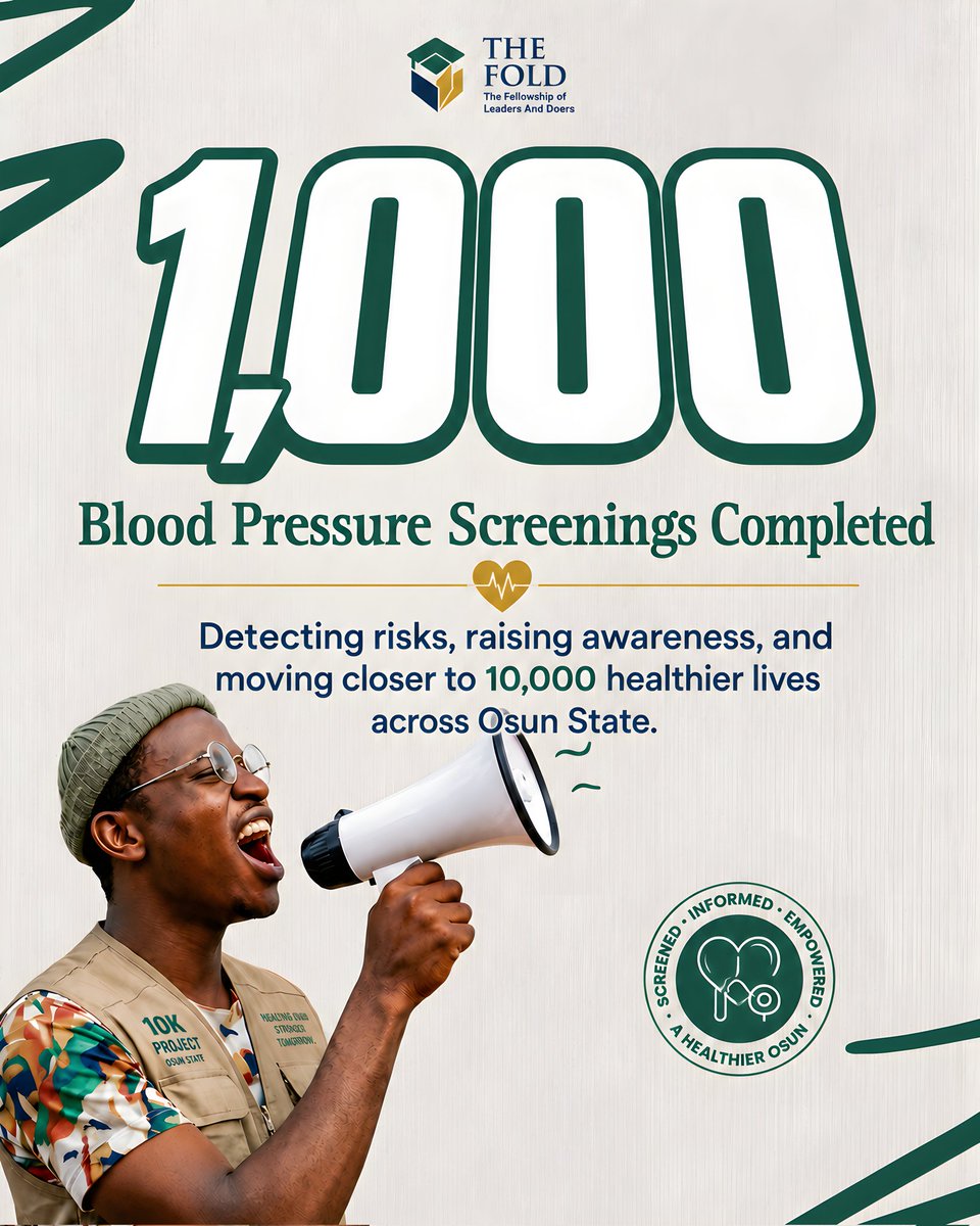 fikayobenson01's tweet photo. 1,000 Blood Pressure Screenings Completed!

Through the Purple Initiative 10K Project, we are taking preventive healthcare directly to our communities; one screening at a time.

1,000 screenings. 1,000 opportunities for early detection. 1,000 steps toward a healthier Osun.

Thank you to our volunteers, partners, and participants for making this milestone possible.

1,000 down. 9,000 to go💜