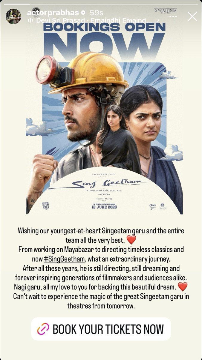 PrabhasRules's tweet photo. Wishing our youngest-at-heart Singeetam garu and the entire team all the very best. ❤️

From working on Mayabazar to directing timeless classics and now #SingGeetham, what an extraordinary journey.

After all these years, he is still directing, still dreaming, and forever inspiring generations of filmmakers and audiences alike. ❤️

Nagi garu, all my love to you for backing this beautiful dream. ❤️

Can’t wait to experience the magic of the great Singeetam garu in theatres from tomorrow.