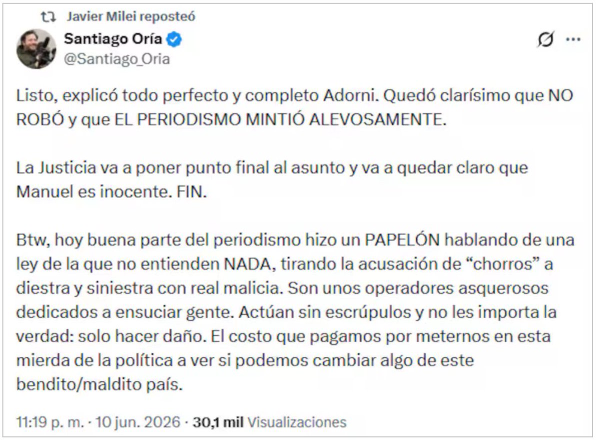LucaRomero's tweet photo. "Listo, explicó todo perfecto y completo Adorni. Quedó clarísimo que NO ROBÓ y que EL PERIODISMO MINTIÓ ALEVOSAMENTE". 

Nos siguen tomando de pelotudos. https://t.co/8ciAukKe33