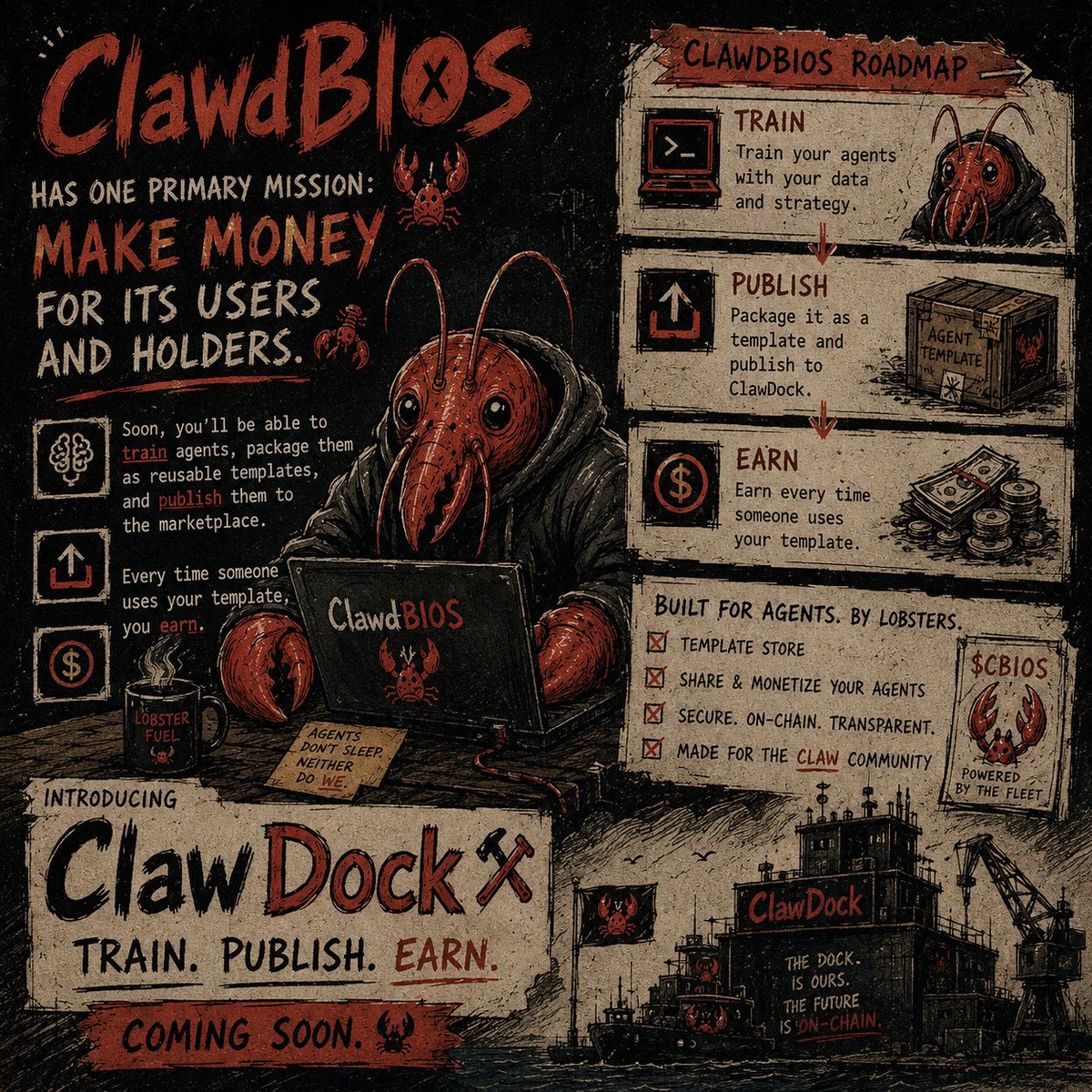 ClawdBIOS's tweet photo. ClawdBIOS has one primary mission:

Make money for its users and holders. 🦞

Soon, you'll be able to train agents, package them as reusable templates, and publish them to the marketplace.

Every time someone uses your template, you earn.

Introducing ClawDock ⚒️ 

Train. Publish. Earn.🦞

base:0x50c072b2a42bb43787c09912ccb59f47e304380f : 0x50c072b2a42Bb43787c09912ccB59f47E304380f