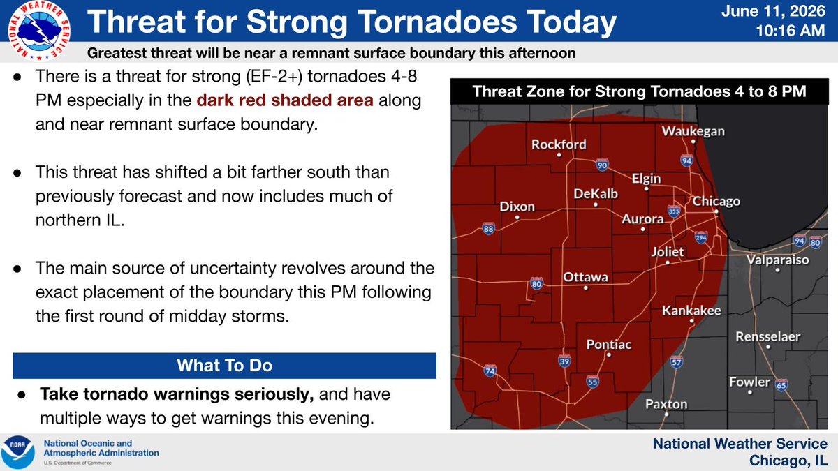 NWSChicago's tweet photo. There is a threat for strong (EF-2+) tornadoes across northern IL this PM between 4 and 8 PM. The highest threat will be in the dark red shaded area. This area has shifted farther south than previously forecast. Take tornado warnings seriously. #ILwx #INwx https://t.co/2QAqauUgao