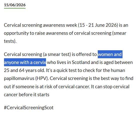 zeno001's tweet photo. Seriously, @nhsfife?

Have you learned nothing since #SandiePeggie's case?

"Cervical screening (a smear test) is offered to women and anyone with a cervix"

Cervical screening awareness | NHS Fife 

https://t.co/vBAOZ4h8RV

#Misogyny #CervicalScreeningScot https://t.co/UPawY9BJj5