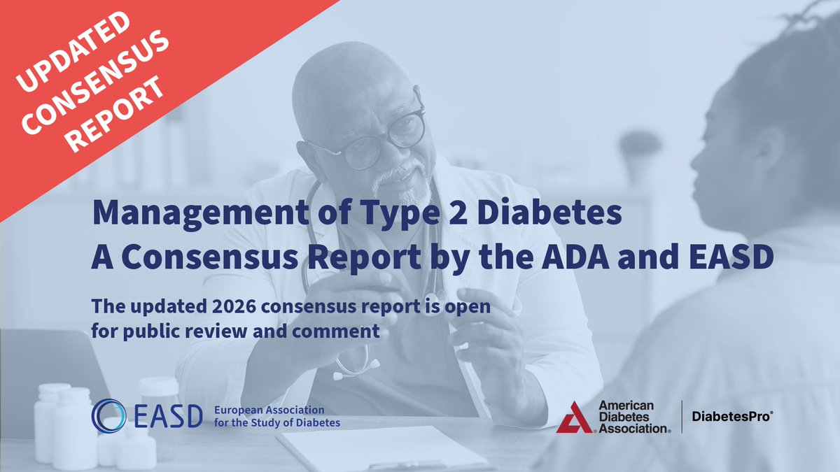 EASDnews's tweet photo. We, @EASDnews &amp; @AmDiabetesAssn are requesting public commentary on the 2026 Consensus Report on the Management of #Type2Diabetes.

📅 Review the symposium slides &amp; submit your input before 11:59 pm ET (17:59 CEST) on 16 June 2026.

👉🔗 https://t.co/bCUu1foayg https://t.co/X3ajKUjf5O