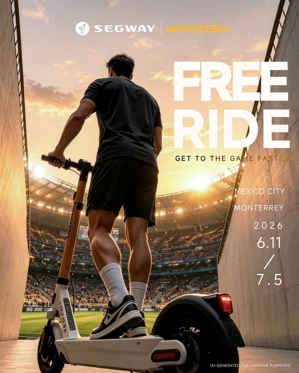 Segway's tweet photo. ⚽ Heading to the match?
⚡ Free Ride is LIVE in Mexico! Skip the traffic and ride to the game faster!
Check the campaign poster for our event rules and enjoy a FREE RIDE.
⏳ Daily quotas are limited, so claim yours before they’re gone!
#Segway #FreeRide #Mexico #SharedMobility #Micromobility
