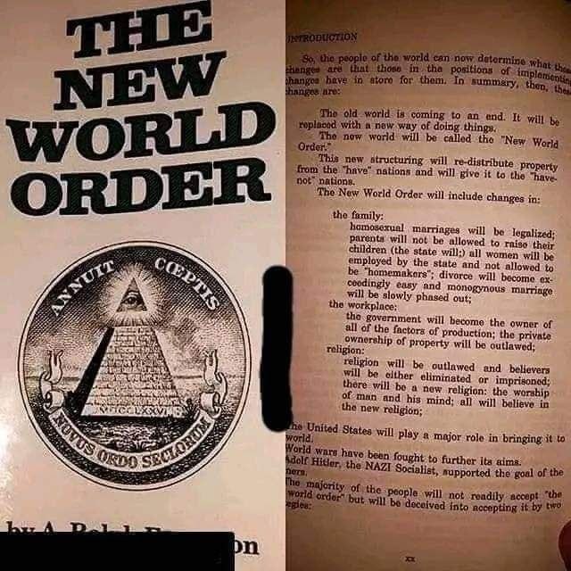 ABridgen's tweet photo. 💥The New World Order- published in 1990 it predicted:-

Homosexual marriage will be legal &amp; encouraged

Parents will not be able to raise and control their children

Women will have to work &amp; will not be allowed to be housewives

Divorce will be easy

Religion will be prohibited https://t.co/ehjBcxvw9Q