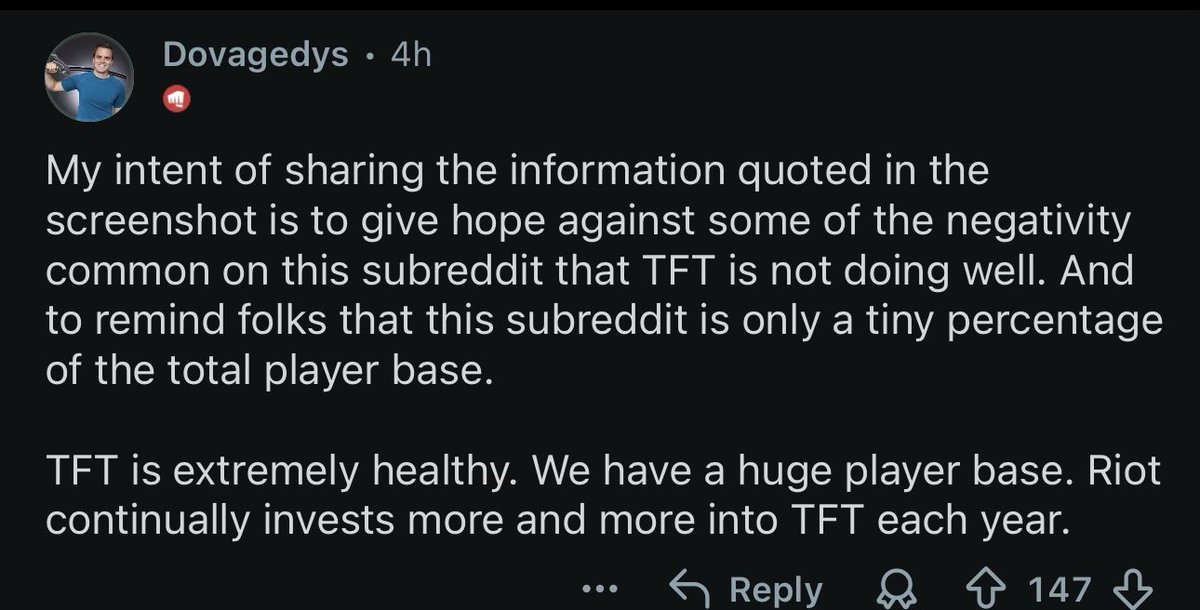 Frodan's tweet photo. Yesterday a Rioter posted on the TFT subreddit that the active player base (as of May 2026) is “much higher than 30 million” and “extremely healthy” leading Riot to invest more every year

Nice to see some good TFT news amidst all the negativity surrounding the current set 👍 https://t.co/zQPBS1roOF