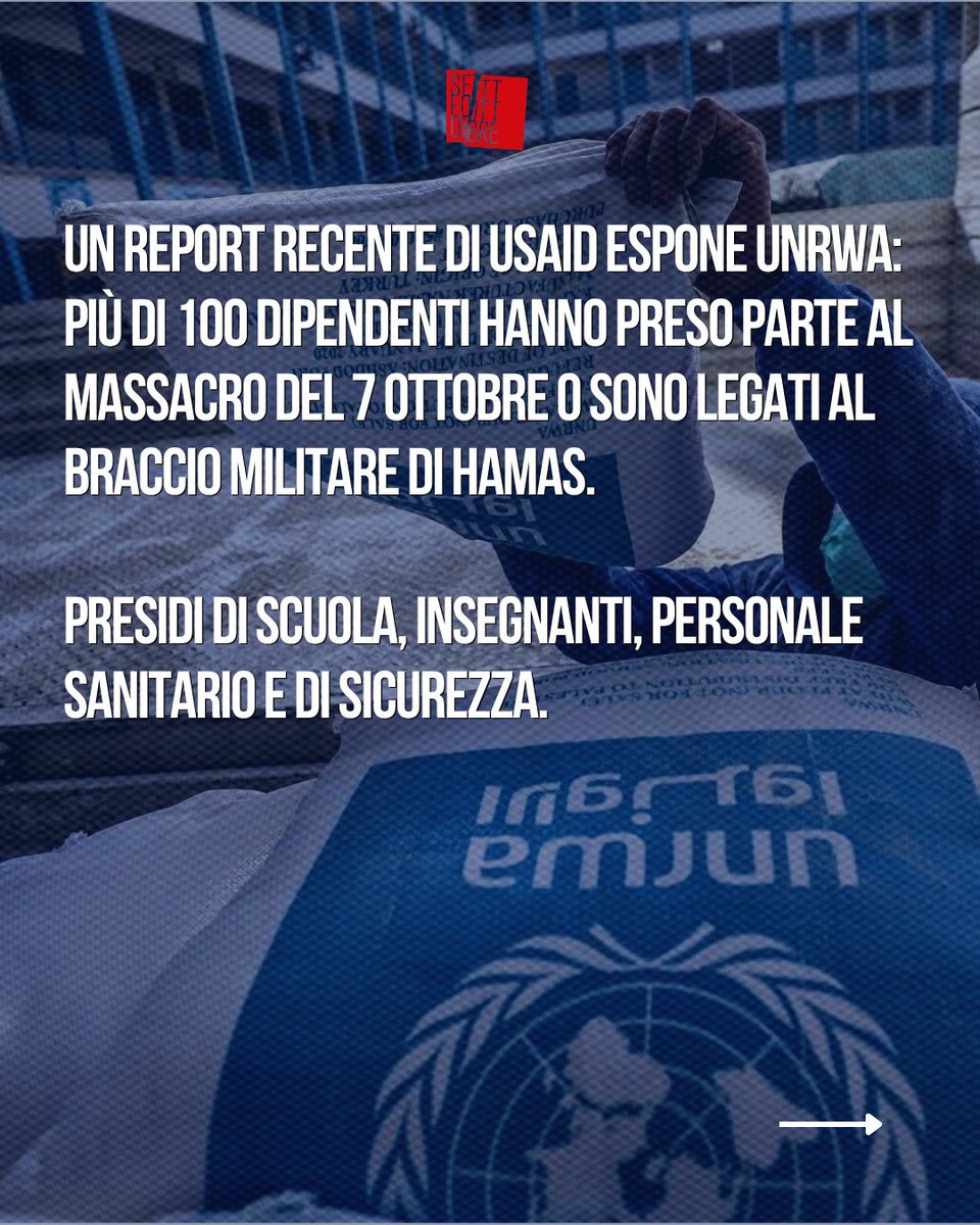 Setteottobre_'s tweet photo. UNRWA non è accusata di aver fallito nel fermare Hamas. È accusata di aver avuto al proprio interno oltre 100 dipendenti coinvolti nel massacro del 7 ottobre o legati al braccio militare di Hamas.
Lo afferma un rapporto ufficiale dell’Office of Inspector General di USAID, che ha chiesto l’esclusione di 101 attuali o ex dipendenti dai programmi finanziati dagli Stati Uniti. Tra loro: presidi, insegnanti, personale sanitario e addetti alla sicurezza.  
Come è stato possibile ignorare tutto questo per così tanto tempo?