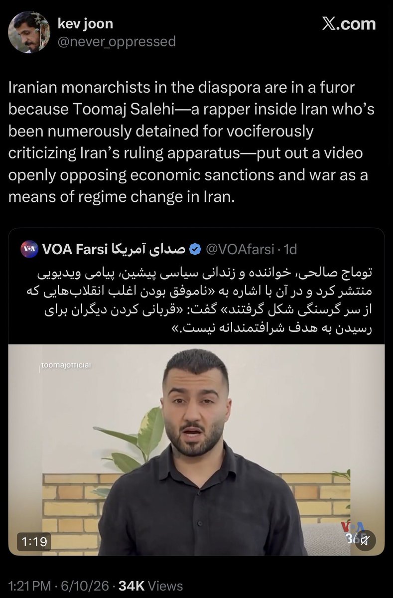 Restitutor_Iran's tweet photo. Without any surprise, those who whitewash the Islamic Republic and spread its propaganda in the West, are not only amplifying the “message” of Toomaj but using it to further smear Iranians and the fight for liberation.

Have a look at some of the interactions: https://t.co/6inNqVtqGw