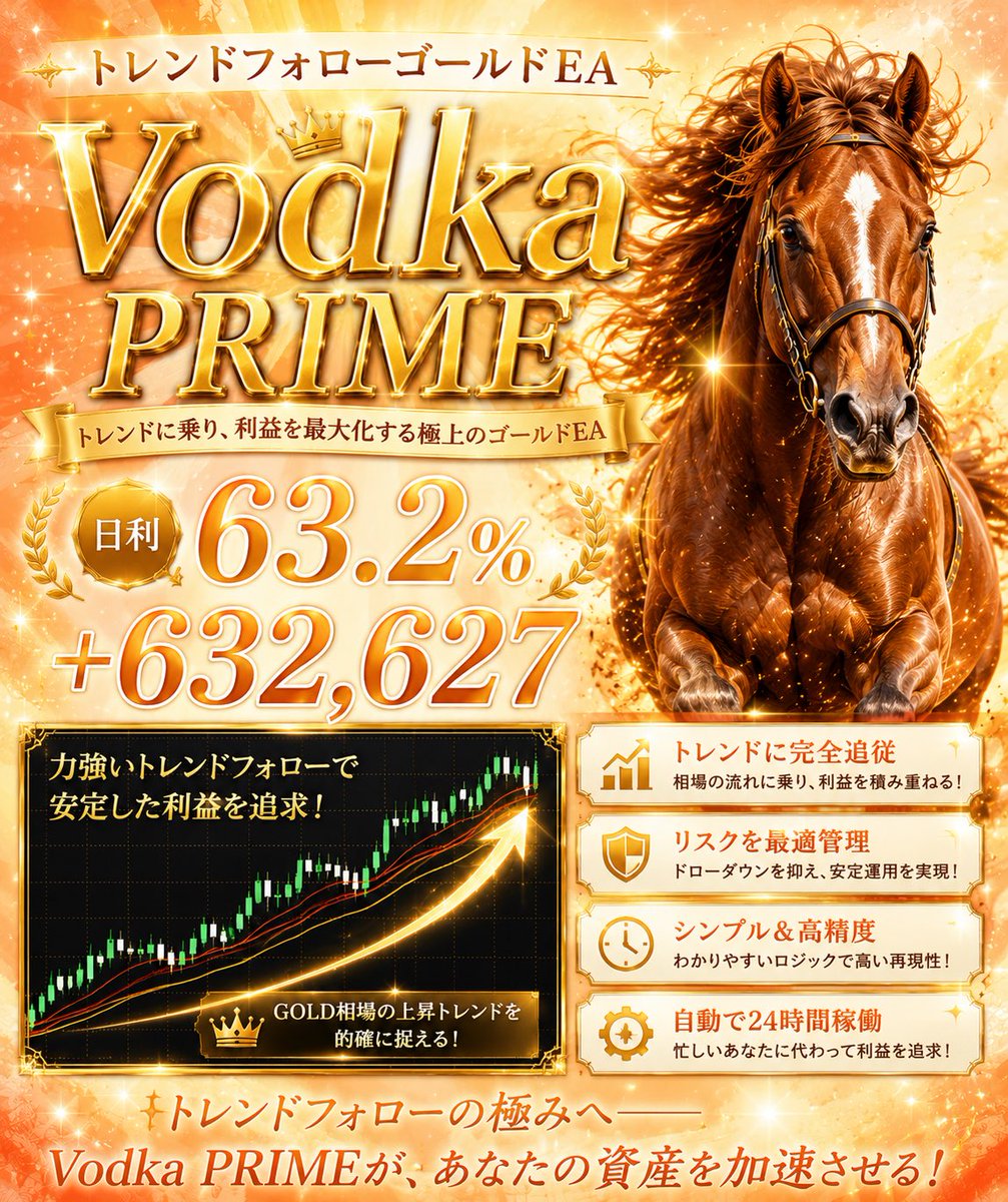Curren_Chan2009's tweet photo. ゴールドEA【Vodka 】　
🐎ウォッカプライム

📈厳選した順張りでトレンドの強い波だけを狙う設計
📈ハイブリッドロジックで効率的に利益を伸ばす

+632,627
日利63.2%

安定と回収に特化
詳細はプロフのリンクへ 
#FX  /自動売買 /ロスカ/ビットコ/コピトレ/GOLD/ロング/ショート/ドル円/スペースX https://t.co/gjvl3adUTY
