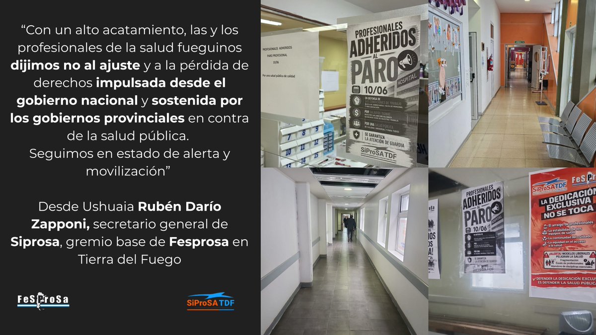 PrensaFESPROSA's tweet photo. Ayer, SIPROSA hizo un fuerte paro por mejoras salariales, condiciones laborales dignas y en defensa de sus derechos. 

Los pasillos vacíos de los hospitales y centros de salud  muestran la fuerte lucha en Tierra del Fuego contra el ajuste del gobierno nacional y provincial. https://t.co/FzFgLsAzUt