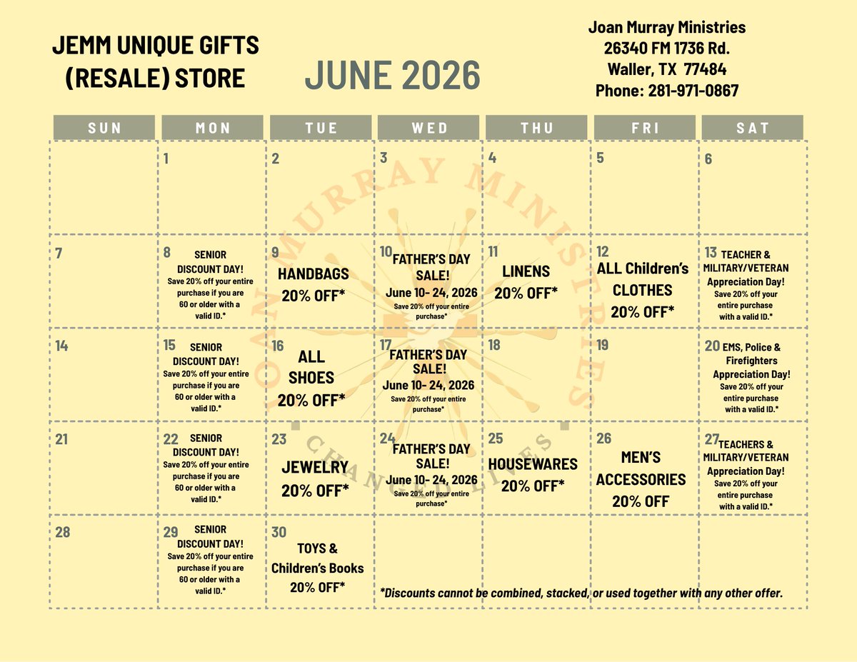 jmmseedsofhope's tweet photo. 👔🎉 FATHER'S DAY SALE! 🎉👔

Find the perfect gift for Dad at JEMM Unique Gifts Resale Store! 🛍️
📅June 10–24, 2026
✨20% OFF Storewide 
 Extra 10% OFF when you bring a friend who makes a purchase!
📅 Check the June Discount Calendar
❤️ Sales help the SOH Community Food Pantry. https://t.co/3rcDvBLOpF