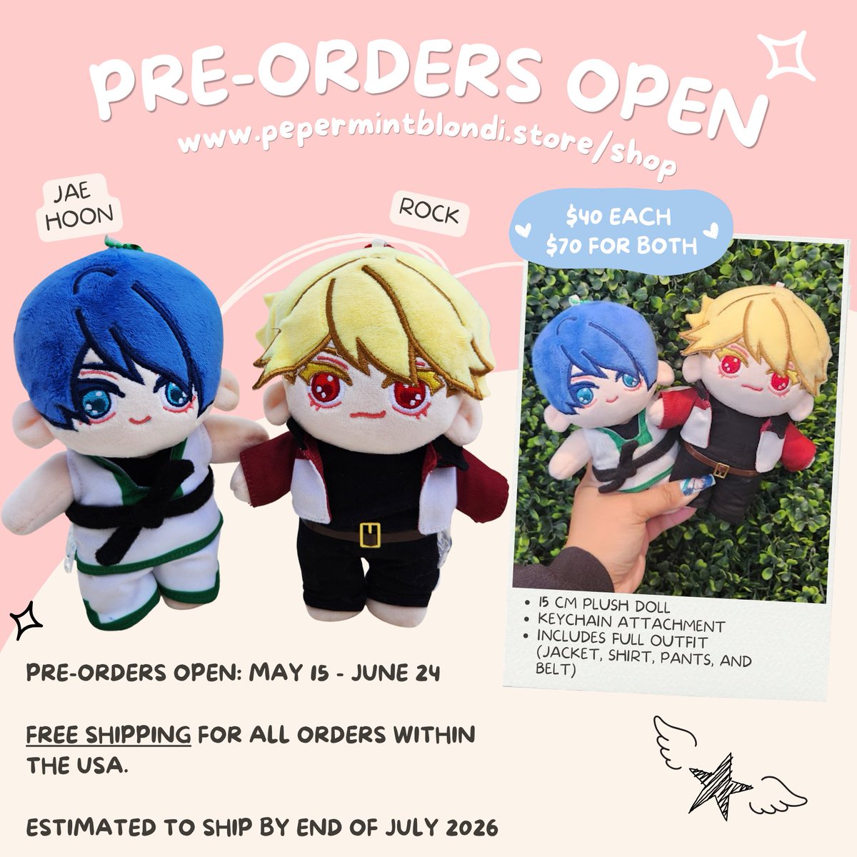 Pepermintfgc's tweet photo. ⭐️UPDATE⭐️
PRE-ORDERS EXTENDED UNTIL JUNE 24TH
Expected to ship by end of July! 

Jae Hoon &amp; Rock 15cm dolls  
Includes full outfit &amp; keychain attachment.  

🛒SHOP LINK🛒
https://t.co/78wjiFdChd 

Free Shipping within USA. 
DM for international group orders. https://t.co/87zzwMsMcs