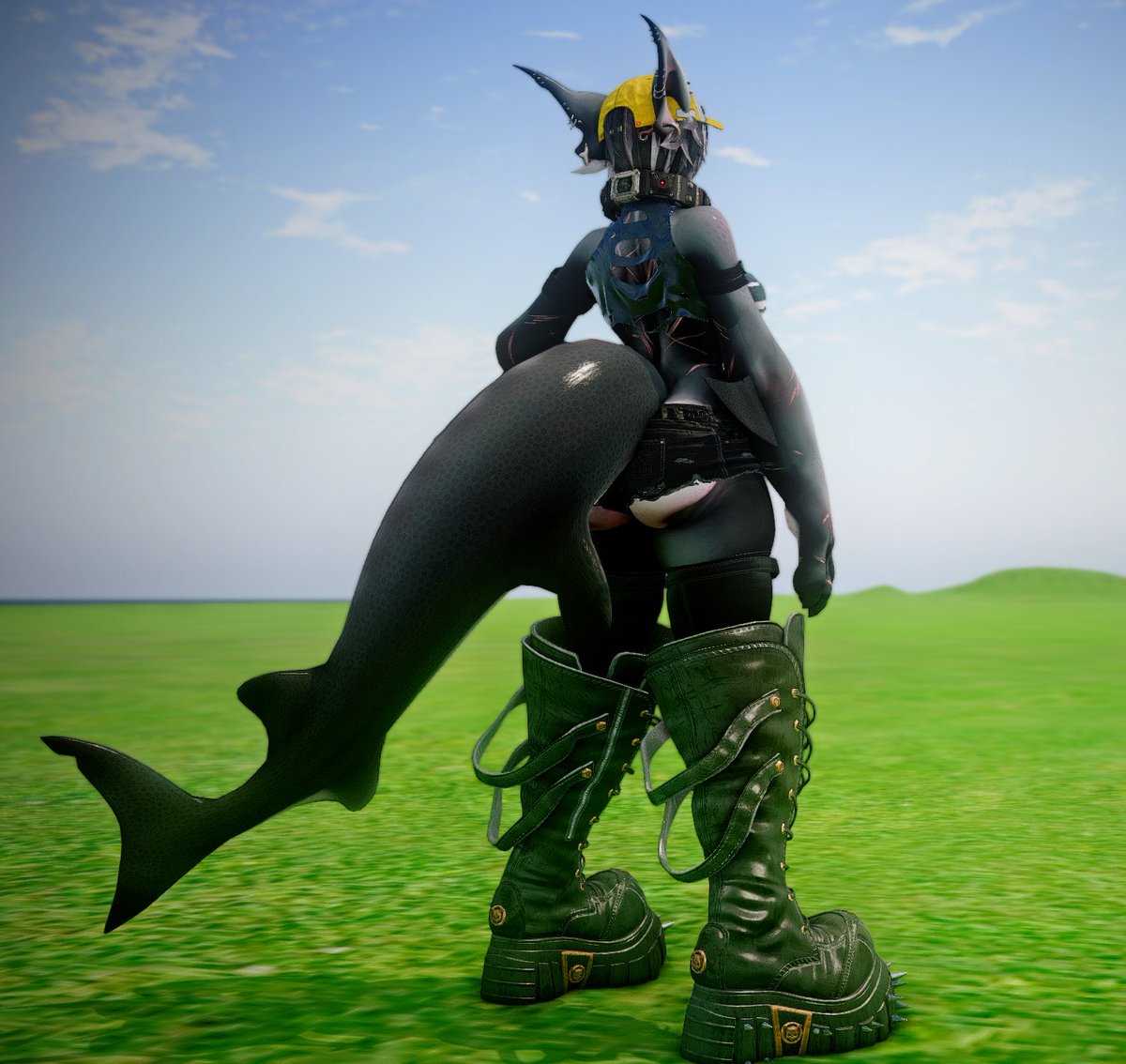 ReiTuki's tweet photo. update my cherry head shark avi today 
super chonky boots (XOLTY) and tail (SKNK) and arms(Twin Fangs) , so happy 😭  

#secondlife https://t.co/bdukc5hUEs
