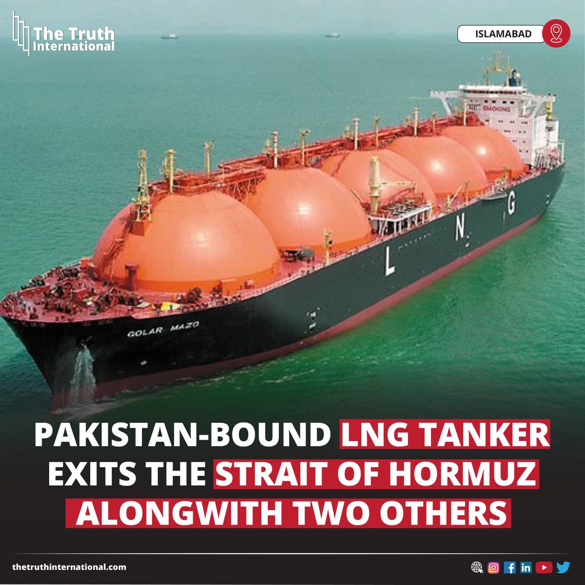 ttimagazine's tweet photo. Pakistan-bound LNG tanker exits the Strait of Hormuz alongwith two others

FOR MORE DETAILS: https://t.co/H8idy7r8ca

#Pakistanbound #LNGtanker #exits #StraitofHormuz #alongwith #ISLAMABAD #TTI https://t.co/XukpQuLvL6