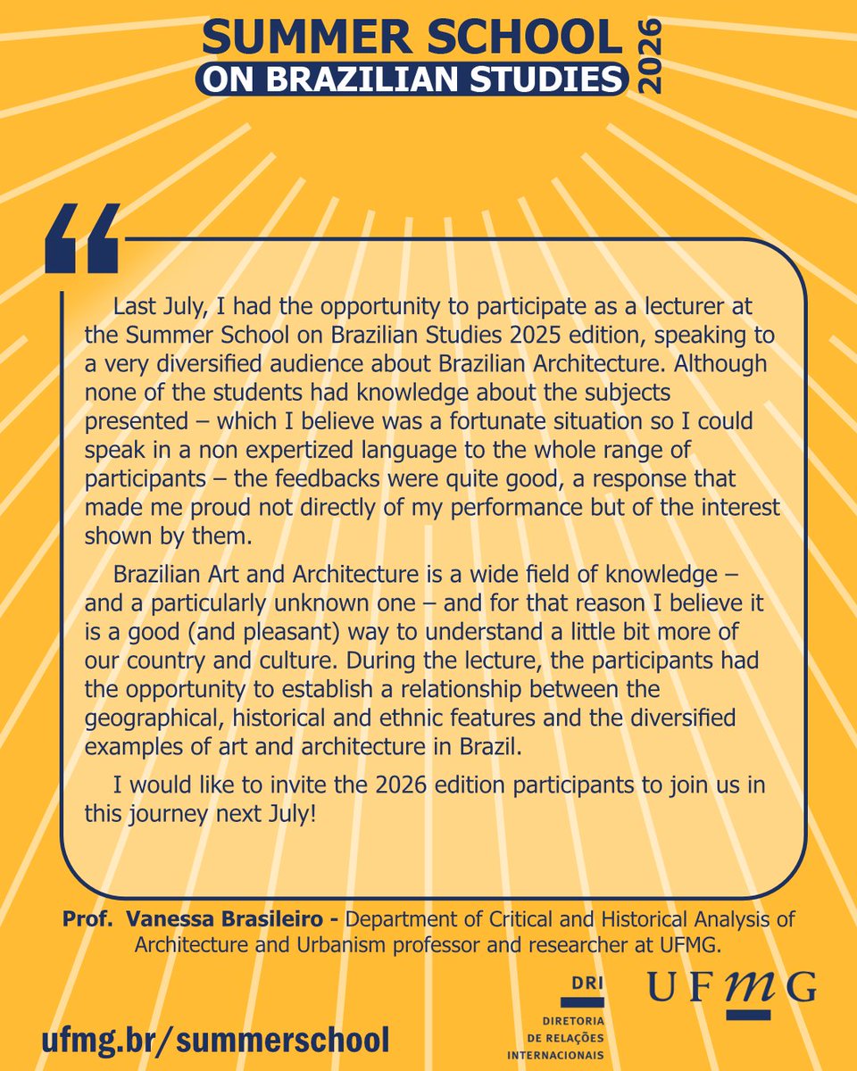 ufmgssbs's tweet photo. What is UFMG SSBS professor saying? 

Professor and researcher at UFMG - Vanessa Brasileiro - Department of Critical and Historical Analysis of Architecture and Urbanism 

"I would like to invite the 2026 edition participants to join us in this journey next July!"

#UFMGSSBS2026 https://t.co/ygaDrAs38P
