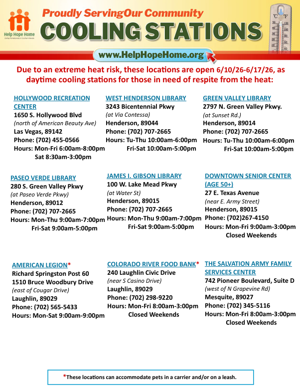 ClarkCountyNV's tweet photo. #WeatherAlert 🚨Reminder - with the high temperatures expected over the next week, cooling stations are activated across #ClarkCounty through June 17 for those needing a cool, indoor spot to escape the heat.

Locations: https://t.co/HXfq8maz3a. https://t.co/8mCCoWAf7g