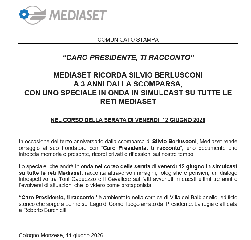 QuiMediaset_it's tweet photo. "Caro Presidente, ti racconto": #Mediaset ricorda Silvio Berlusconi a tre anni dalla scomparsa, con uno speciale in onda in simulcast su tutte le Reti Mediaset nel corso della serata di venerdì 12 giugno 2026. https://t.co/7lUQ9FtZHO