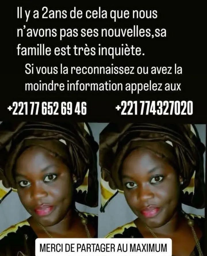 Avis_Senegal's tweet photo. 🚨Avis de Disparition 
Nous sommes à la recherche de notre sœur. Elle s'appelle Ramatoulaye NDIONE, habite au départementde de Mbour précisément à Popenguine. Depuis 2023 qu'on n’a pas de nouvelles, veuillez appeler au 221774327020 / 2216526946 https://t.co/tLvwAVkk6V