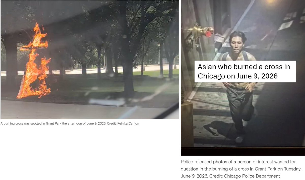 LucyBibb's tweet photo. Asians came to America to be the violent people they are. 

Asians are Ku Klux Klan wanna be's.
 
🚨🚨🚨#ADOS be on high alert and organize.

The police are looking for an Asian who burned a cross in a park in Chicago on June 9, 2026. $10K💰 reward. https://t.co/f8HIlnxX7v