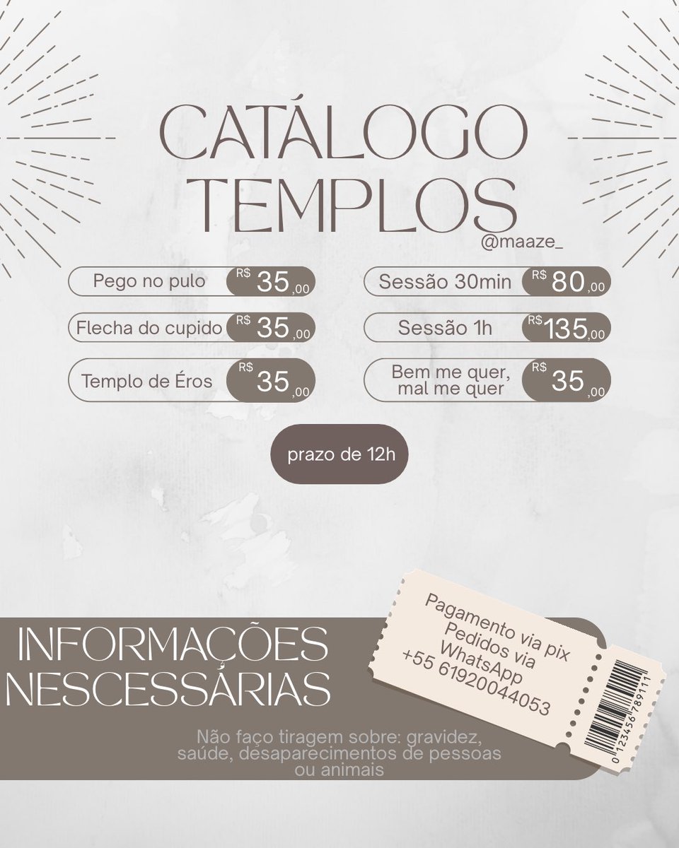 Maaze_'s tweet photo. ‿̩͙‿ ༺ ♰ ༻ ‿̩͙‿

         • Catálogo 

Tiragens com tarot ou baralho cigano, à escolha do consulente.

Tiragens imediatas e com agendamentos no número abaixo. ↓

https://t.co/G4O7SvcpUz https://t.co/hcGuaWJZrC