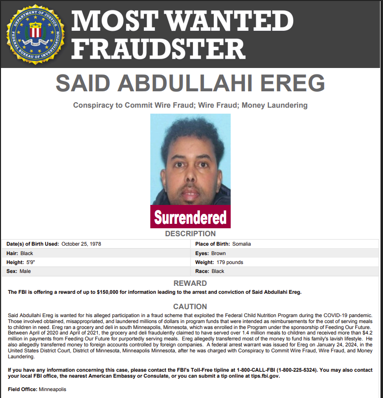 RealJMPeterman's tweet photo. Another Somali pirate was captured in Minneapolis just days before his wife, Najmo Ahmed—who was convicted of stealing $1.4 million—is set to be sentenced.

Said Abdullahi Ereg is charged with stealing $4.2 Million.
_ https://t.co/czQtKknp0r