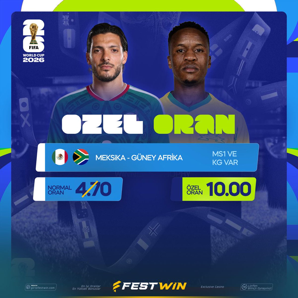 festwinX's tweet photo. 🌍 Dünya Kupası Heyecanı Festwin 'de!

⚽️ Meksika - Güney Afrika

🚫 Eski Oran: 4.70
🔼 Özel Oran: 10.00
🪙 Min/Max Bahis: 250₺

✅ Özel Oran Kazancı İle Yalnızca Havale Yöntemi İle Direkt Çekim Yapabilirsiniz!

FIRSAT;
1.000₺ Yatırıma Dünya Kupası Özel %100 Bonus Aktif! https://t.co/0aJEcwENCQ