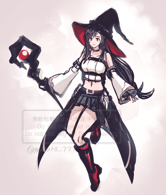 minato_777's tweet photo. リベレのティファの黒魔ウェア、黒魔の三角帽子が似合うようにできてないかな？？？っていう話がしたいためだけに描いた絵 https://t.co/taEY3YCxxM