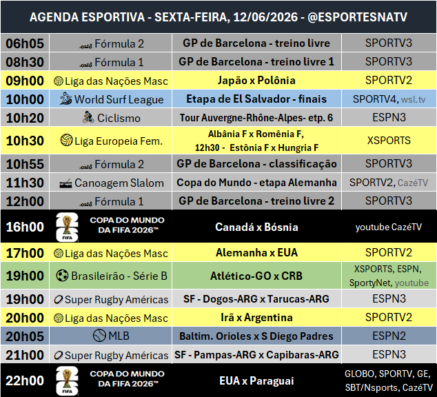 EsportesNaTV's tweet photo. A agenda esportiva desta SEXTA-FEIRA (12/06/2026) https://t.co/WNAf9j2HAg