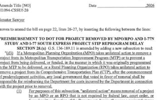 Sharrison_WFAE's tweet photo. NEW: State lawmakers are going to make the city of Charlotte and other municipalities repay the money spent to develop the I77 toll lanes, per an amendment filed today. That's roughly $60 million, and the draft legislation says new transportation sales tax revenue can't be used.> https://t.co/9Fh4QhNqeH