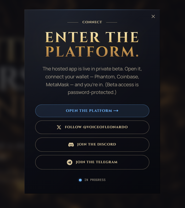 VoiceOfLeonardo's tweet photo. What's live in Leonardo closed beta 🏛️
  
  → Chat with an AI wired to 577K imagined concepts
  → A 5-seat Council that judges your ideas on evidence, not vibes
  → Mint an on-chain Agent Passport
  → Pay pennies per use, wallet = login
 
 Coming next: the Workshop (auto-research briefs), a Trust Registry for agent reputation, your own hosted agent, and $LEO quests to earn.
 
Want in? Contact on in dm on Discord or here on X. 
Link in bio.