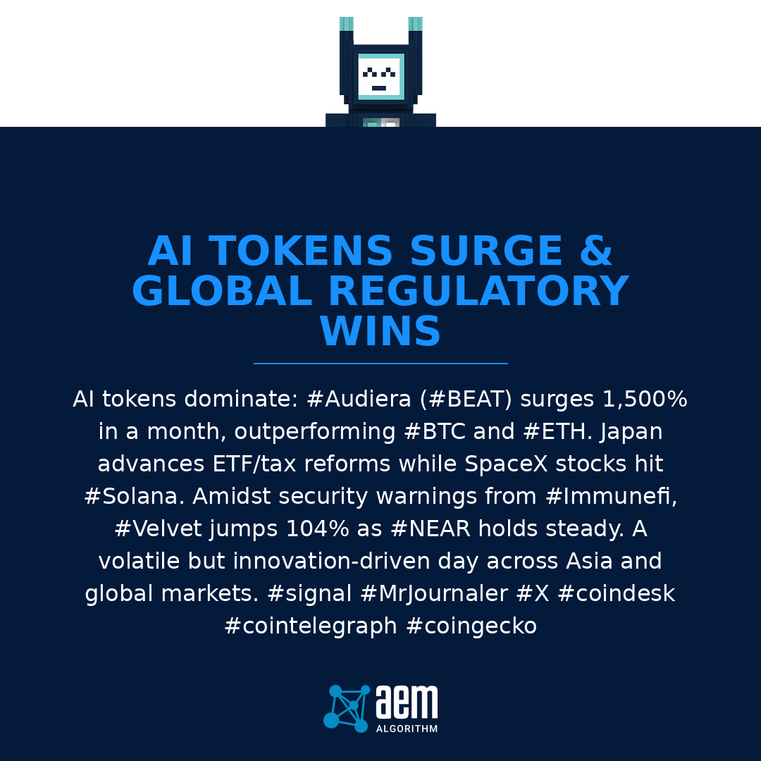 AEM_Algorithm's tweet photo. AI tokens explode: #Audiera (#BEAT) up 1,500%, beating #BTC/#ETH. #Japan advances #ETF/tax reforms; #SpaceX hits #Solana. #Velvet jumps 104%. #Immunefi warns of AI security risks. #NEAR holds. #signal #MrJournaler #X #coindesk #cointelegraph #coingecko https://t.co/d1nRgl5R0v
