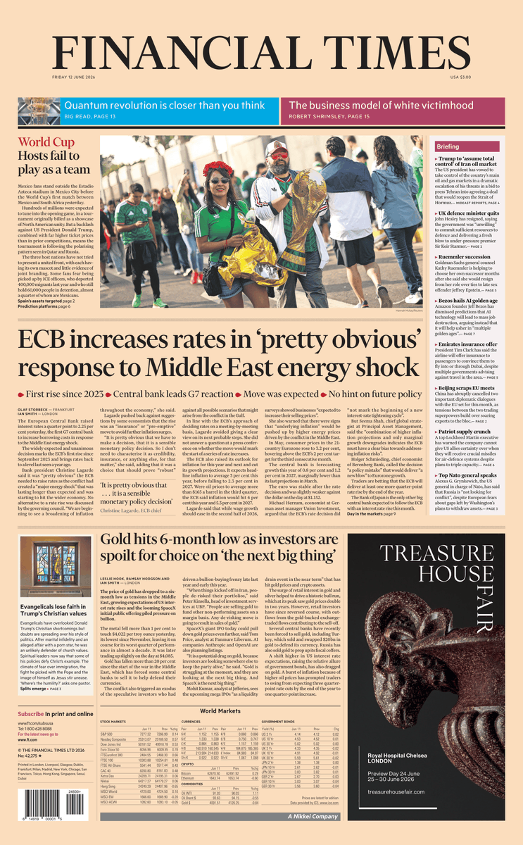 FT's tweet photo. Just published: front page of the Financial Times, international edition, Friday June 12 https://t.co/YDS2345xU2 https://t.co/cAfr81ITsx