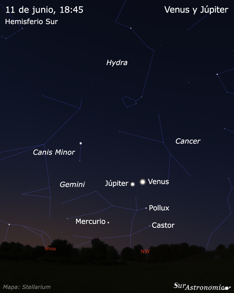 surastronomico's tweet photo. ¡Aún visibles! Venus y Júpiter continúan cercanos y bien visibles hacia el horizonte noroeste después del atardecer, con Mercurio algo más bajo.

#venus #jupiter #gemini #planetas #astronomia https://t.co/A81UgM8V4G