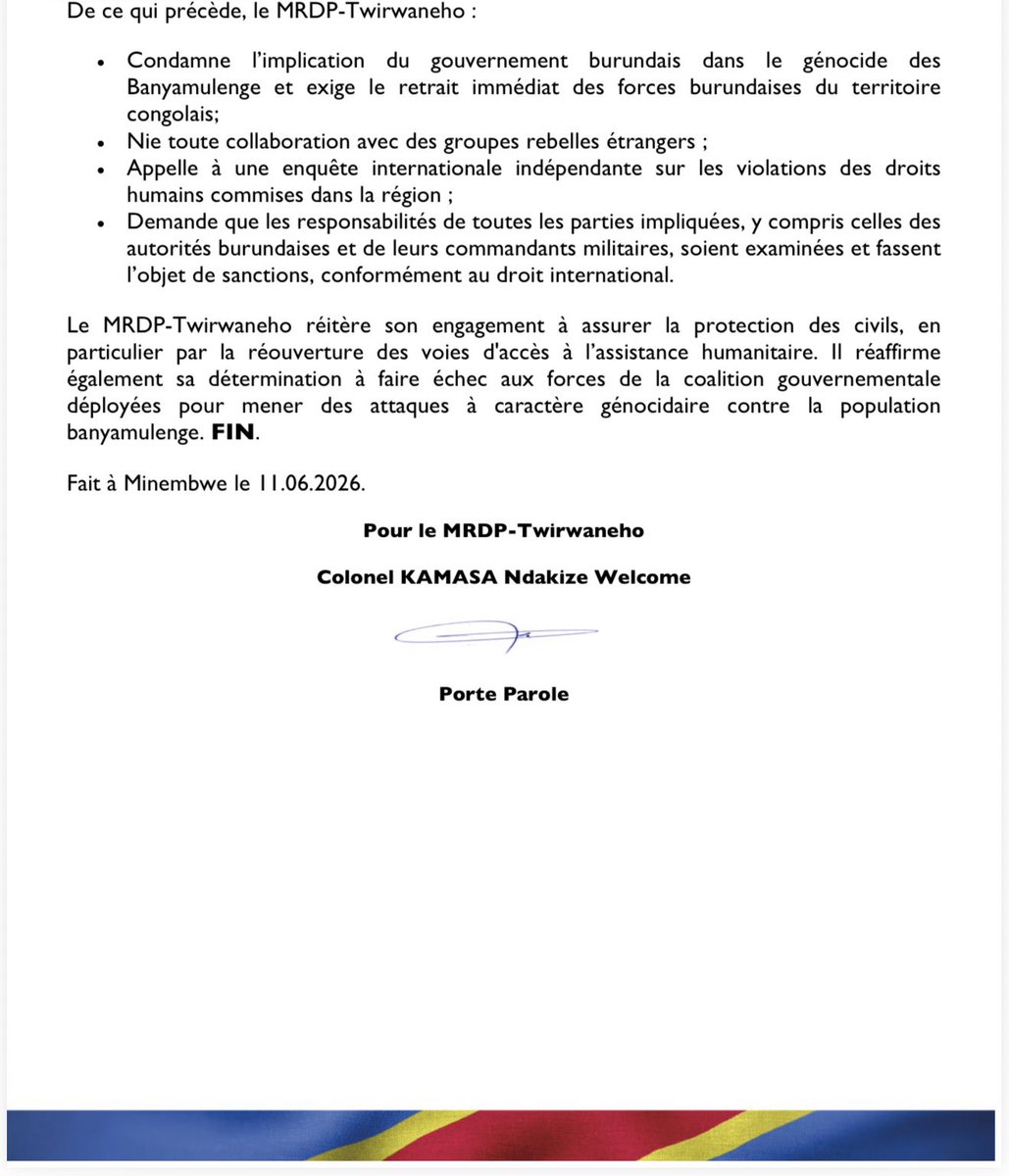 ikigatanyakazi's tweet photo. Voici le communiqué de TWIRWANEHO qui confirme ce que je tweetai hier au président de la RDC et que @Red_Tabara a déjà rappelé à Neva: votre fausse excuse de ramener RED Tabara dans vos sales besognes ne tient pas ! Trouvez autre chose. 

P.s: tirez attention à qui signe le communiqué.
