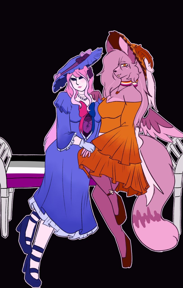 ShadyBlueqwp's tweet photo. Another Pride doodle. This is for all the sapphic lovers! Got my sona and my gf's! They slay omg

color pallets based on the Lesbian and Bisexual flags https://t.co/fghpbV5PNL