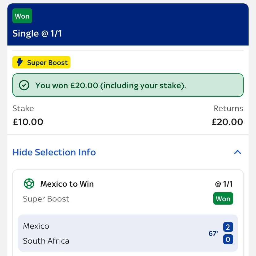 Daveys_Tips's tweet photo. Mexico Win 1/1 ✅

It was always inevitable after the red card.

Bet builder isn’t looking too good right now but at least the boosts all landed for us🤝 https://t.co/I6Yb1WN7cG