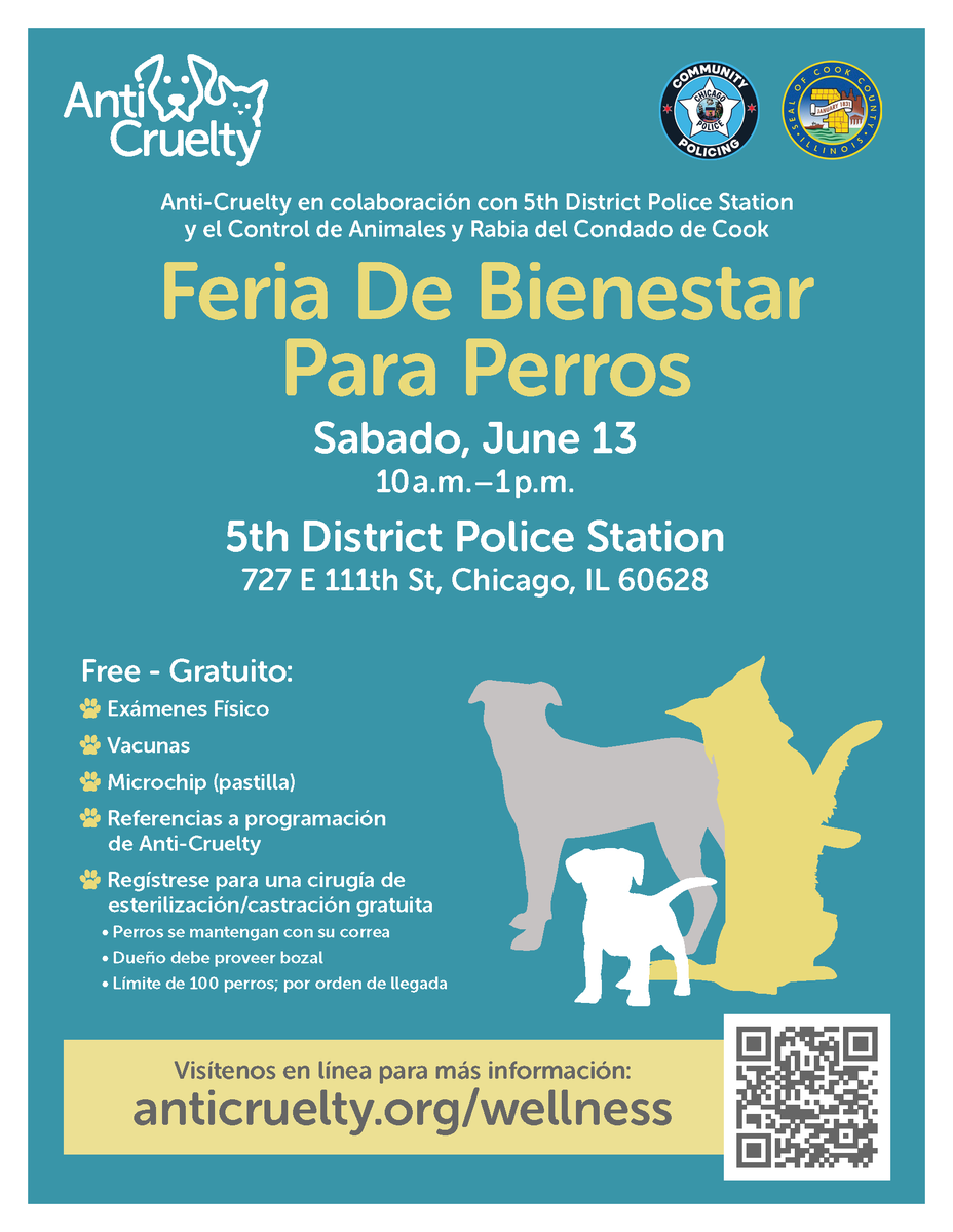 ChicagoCAPS05's tweet photo. 🐾 FREE Dog Wellness Fair 
Join us Saturday, June 13 | 10 AM–1 PM at the 005th District Police Station (727 E. 111th St.)

FREE services include:
✔️ Physical Exams
✔️ Vaccines
✔️ Microchipping
✔️ Spay/Neuter Sign-Up

Leashes required • Bring your own muzzle
First 100 dogs 🐶 https://t.co/DCJCvliBGI