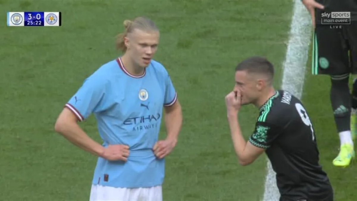 XtraLeicester's tweet photo. Jamie Vardy: "[We] Played #ManCity away [in 2023], lost. @erling just scored and we're kicking off. I'm stood next to him on the halfway line and I let out a little laugh and got battered for it [by Leicester fans]...

"But I was only laughing because Haaland had come back and just turned round and went, 'I got that run from watching videos of you'. So I had a little chuckle and went, 'Well can you f*****g stop doing it?!'" [via @VardyPartyPod]