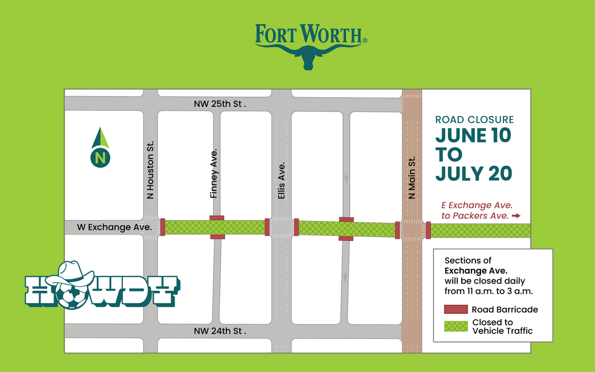 fortworthpd's tweet photo. The Summer of Soccer is here, Fort Worth!
Stay in the know about what roads may be inaccessible over the course of the next few weeks!

Exchange Avenue in the Stockyards will be closed to vehicle traffic at the sections indicated on the map, everyday from 11 a.m. to 3 a.m. Cross traffic on Ellis Avenue remains open as well as the local businesses and parking in the area.