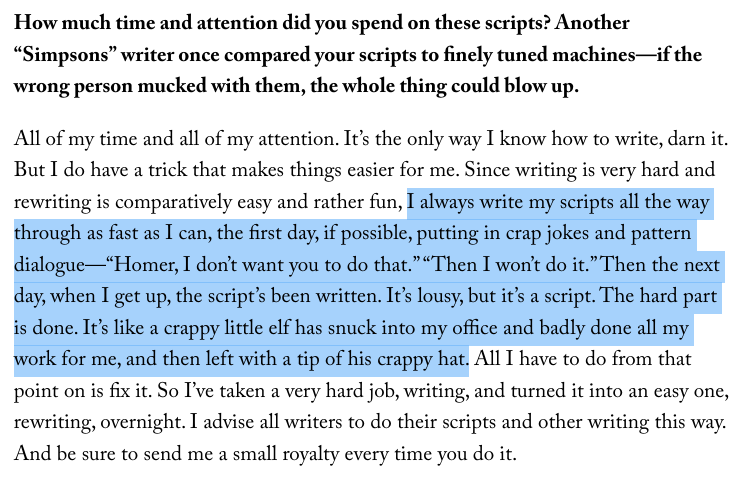 NobelNick's tweet photo. @nickusen This is from John Swartzwelder's interview with the New Yorker in 2021. I don't think he invented writing a crappy script and then fixing it, but I wonder if this is where the elf part of it originated. https://t.co/nkjpsO9Wz4 https://t.co/moqA89ok4n